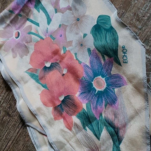ECHO FLORAL PRINTED SILK SCARF 64"x7" VINTAGE - Picture 3 of 7